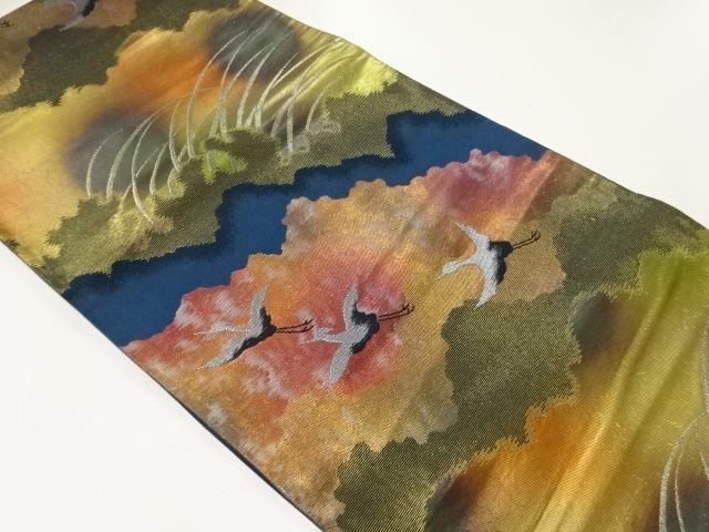 アンティーク　群鶴模様織出し袋帯（材料）